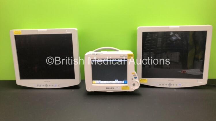 Job Lot Including 1 x Philips IntelliVue MP20 Patient Monitor *Mfd 2006* (Powers Up with Missing Dial) and 2 x Sony LMD-1950MD Monitor Screens