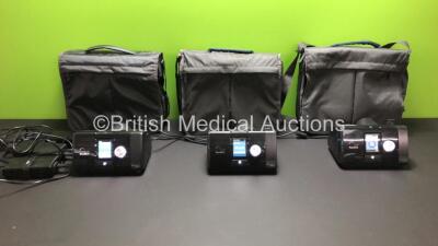 3 x ResMed AirSense 10 Autoset CPAP Units with 3 x AC Power Supplies and 3 x Carry Bags (All Power Up)