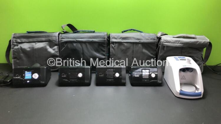 4 x ResMed AirSense 10 Autoset CPAP Units (3 x Power, 1 x No Power Port) with 1 x AC Power Supply and 4 x Carry Bags and 1 x Fisher&Paykel Airvo Humidifier (Powers Up with Error 38)