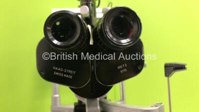 Haag Streit Bern SL 900 Slit Lamp with 2 x 12,5x Eyepieces, 2 x 16x Eyepieces and Haag Streit Bern Tonometer (Powers Up with Good Bulb) on ST-40 Auto Desk *S/N 5583* - 5