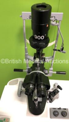 Haag Streit Bern SL 900 Slit Lamp with 2 x 12,5x Eyepieces, 2 x 16x Eyepieces and Haag Streit Bern Tonometer (Powers Up with Good Bulb) on ST-40 Auto Desk *S/N 5583* - 6