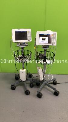 2 x Drager Infinity Delta Patient Monitors on Stands with MultiMed Leads and BP Leads (Both Power Up) *S/N 5398064761 / 600366575*