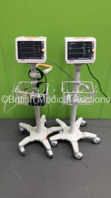 2 x Philips SureSigns VM4 Patient Monitor on Stand with ECG, SPO2 and BP Options with 1 x 3 Lead ECG Leads (Both Power Up)