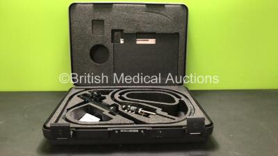 Olympus OSF-3 Video Fibre Sigmoidoscope In Carry Case Engineer's Report : Optics - No Broken Fibres, Angulation - Ok, Patient Tube - Worn , Light Transmission - Ok, Channel System - Including Valves, Comments- Light Guide Tube Worn *S/N 2002762* *Mfd 2000