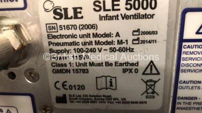 SLE5000 Infant Ventilator TTV Plus Model M-1 with Hoses (Powers Up with Blank Screen) * Mfd 2014 * **SN 51670* - 3