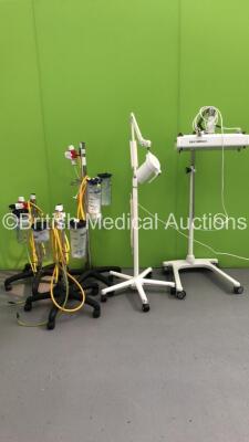 Mixed Lot Including 1 x Bilic Compact Patient Examination Light,2 x Therapy Equipment Ltd Regulators on Stands with 5 x Suction Cups and 1 x Luxo Patient Examination Light on Stand * Damaged-See Photos * (1 x Powers Up,1 x Unable To Test Due to Damaged Pl