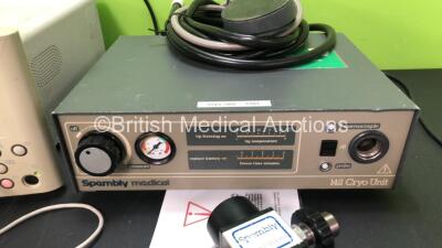 Mixed Lot Including 1 x Sonicaid FM800 Fetal Monitor Including ULT1, ULT2/FECG, MECG/FECG and TOCO/IUP Options with 5 x Transducer / Probes (Powers Up) 1 x Spembly Medical 142 Cryo Unit with 1 x Footswitch and 1 x S.R.1.R Gun (Powers Up) 1 x Spembly Medic - 3