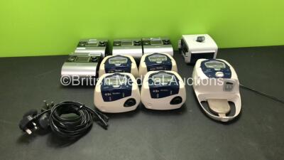 Job Lot of CPAP Units Including 4 x ResMed S9 AutoSet EPR CPAP Units (ASll Power Up, 1 with Cracked Casing-See Photo, Power Supplies Not Included) 5 x ResMed AutoSet Spirit II CPAP Unit with 1 x ResMed H4i Humidifier Unit and 5 x Power Leads (All Power Up