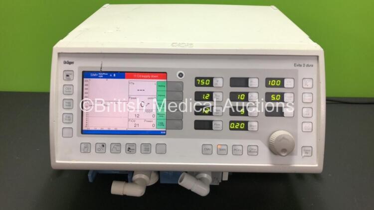 Drager Evita 2 Dura Software Version 04.26 *Mfd N-A* Ventilator Type 8421831 Running Hours 49632 (Powers Up with Mark to Screen - See Photo) *DRPM-0079*