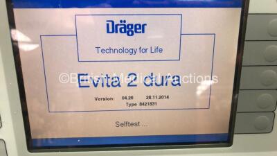 Drager Evita 2 Dura Software Version 04.26 *Mfd N-A* Ventilator Type 8421831 Running Hours 49632 (Powers Up with Mark to Screen - See Photo) *DRPM-0079* - 4