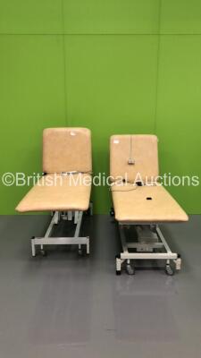 1 x Medi Plinth Electric Patient Couch with Controller (Damaged Controller - Damage to Cushions - See Pictures) and 1 x Huntleigh Electric Patient Couch (Hydraulics Tested Working)*S/N FS0125034 / FS0176973*