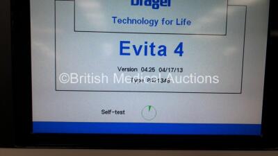 Drager Evita 4 Ventilator Software Version 04.25 (Powers Up with Device Failure 13.99.916, Missing Cover and Breathing Tube - See Photo) - 2