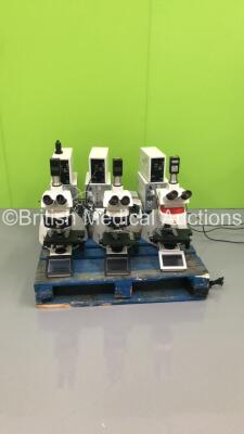 3 x Leica DM5500 B Benchtop Microscopes (95640021343) (Versions - Touch Panel 2.10.17 Master 02.30) with 6 x HC Plan s 10x/25 M Eyepieces, 3 x Jai Progressive Scan Camera, 3 x Power Packs, 3 x Lights Sources Accessories (All Power Up -1 x Power Cable Incl