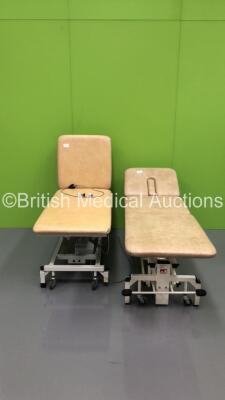 1 x Akron Hydraulic Patient Examination Couch and 1 x Huntleigh Electric Patient Examination Couch (Damage to Cushions - See Pictures)
