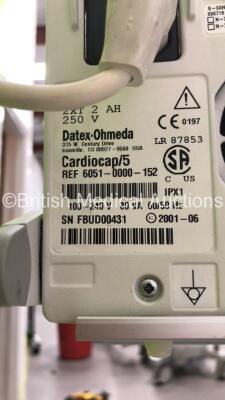 Datex-Ohmeda Cardiocap/5 Patient Monitor on Stand with NIBP, ECG, SPO2, P1, P2 and T1 Options with Selection of Cables (Powers Up - Missing Dial) *S/N FS0116028* - 2