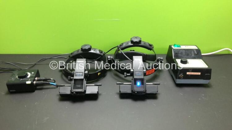 Job Lot Including 2 x Keeler Vantage Indirect Ophthalmoscopes with 1 x Power Charger/Controller (Both Power Up - Only 1 x Port Working on Controller) and 1 x Keeler Dualite Power Supply (Powers Up with Damaged Port - See Photo) *22858 - 011334 - 004831*