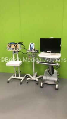 Welch Allyn SPOT Vital Signs Monitor on Stand with BP Hose (Powers Up - Mounting Bracket Damaged), 1 x Anetic Aid Tourniquet with Hoses and 1 x Ergotron Stand with HP Monitor