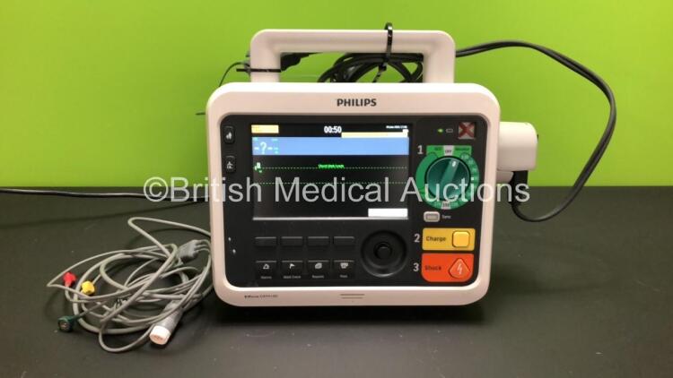 Philips Efficia DFM100 Defibrillator *Mfd - 03-2018* with Pacer, ECG, SpO2, CO2 and Printer Options, 3 Lead ECG Lead and Paddle Lead (Powers Up) *CN32616057*