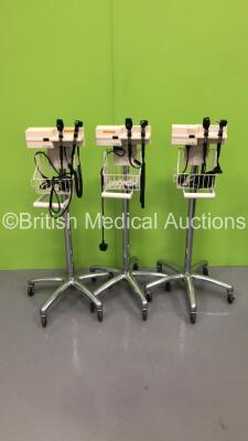 3 x Welch Allyn Otoscope / Ophthalmoscope Sets on Stand with 6 x Handpieces and 6 x Heads (Powers Up)