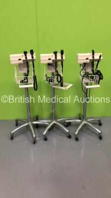 3 x Welch Allyn Otoscope / Ophthalmoscope Sets on Stand with 6 x Handpieces and 5 x Heads (Powers Up)