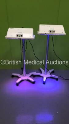 2 x Natus NeoBLUE LED Phototherapy LIghts on Stands (Both Power Up)