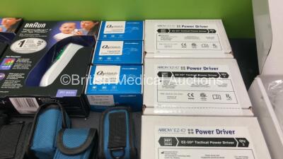 Mixed Lot Including Braun ThermoScan Ear Thermometers, OxyWatch Fingertip Pulse Oximeters and EZ-IO Power Drivers *SN 20190613, 200708703395, 200708704917, 200708704928, N28224, N03625, N27636, N33181, N03651* - 3