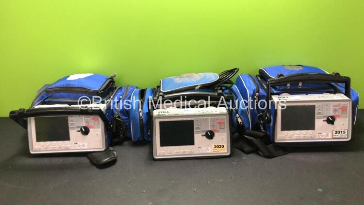 3 x Zoll E Series Defibrillators Including ECG, SpO2, CO2, NIBP and Printer Options with 2 x Zoll PD 4410 Batteries (All Untested Due to Possible Flat Batteries) *SN AB10L015744, AB09C009989, AB08I008586*