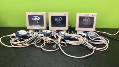 3 x Covidien BIS Complete Monitoring Systems with 4 x Covidien BIS LoC 2 Channel Transducers (All Power Up) *SN VT43231, VT92153, VT38753*