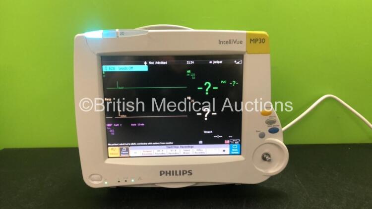 Philips IntelliVue M8002A MP30 Touch Screen Patient Monitor Including Printer Options with 1 x Philips M3001A Module Including ECG, SpO2, NBP, Temp and Press Options (Powers Up with Missing Dial and Cracked Casing-See Photo) *Mfd 12-2012* *SN DE72B1273, D
