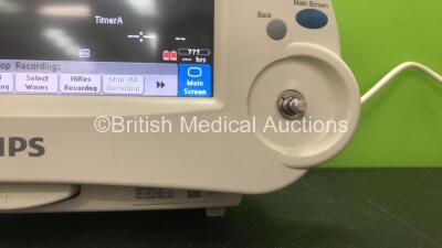 Philips IntelliVue M8002A MP30 Touch Screen Patient Monitor Including Printer Options with 1 x Philips M3001A Module Including ECG, SpO2, NBP, Temp and Press Options (Powers Up with Missing Dial and Cracked Casing-See Photo) *Mfd 12-2012* *SN DE72B1273, D - 2