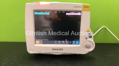 Philips IntelliVue M8002A MP30 Touch Screen Patient Monitor with 1 x Philips M3001A Module Including ECG, SpO2, NBP, Press and Temp Options (Powers Up with Cracked Casing-See Photo) *Mfd 03-2012* *SN DE728A1936, DE610E0231*