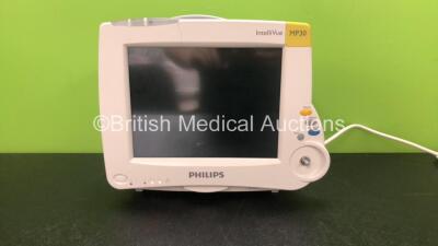 Philips IntelliVue M8002A MP30 Touch Screen Patient Monitor with 1 x Philips M3001A Module Including ECG, SpO2, NBP, Press and Temp Options (Powers Up Blank Screen and Cracked Casing-See Photo) *Mfd 03-2012* *SN DE728A1940, DE610E0295*