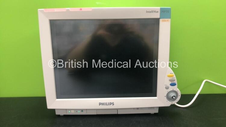Philips IntelliVue M8007A MP70 Touch Screen Patient Monitor with 1 x Philips M3001A Module Including ECG, SpO2, NBP, Temp and Press Options (Powers Up with Missing Dial-See Photo) *Mfd 07-2006* *SN DE61744502*
