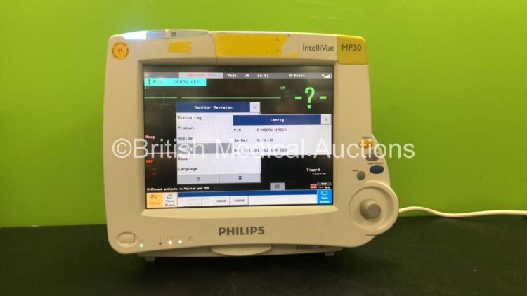 Philips IntelliVue MP30 Touch Screen Patient Monitor Software Version G.01.80 *Mfd 07-2011** with 1 x Philips IntelliVue X2 Handheld Patient Monitor Software Version G.01.80 Including ECG, SpO2, NBP, Temp and Press Options *Mfd 02-2012*(Both Power Up) *SN