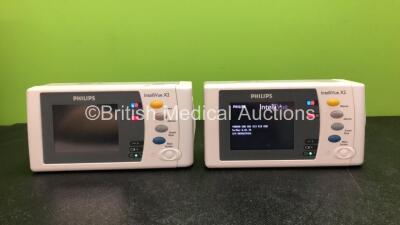 2 x Philips IntelliVue X2 Handheld Patient Monitors Software Versions G.01.75, G.01.80 Including ECG, SpO2, NBP, Temp and Press Options (Both Power Up) *Mfd 06-2009, 09-2010* *SN DE03753054, DE83627454* *C*