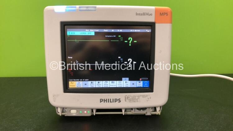 Philips IntelliVue MP5 Patient Monitor Including ECG, NBP, SpO2, CO2, Press, Temp and Printer Options (Powers Up with Missing Cover-See Photo) *Mfd 01-2009* *SN DE74814928* *C*