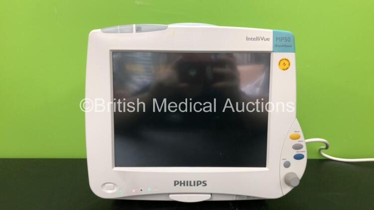 Philips IntelliVue Ref 862116 MP50 Anesthesia Touch Screen Patient Monitor Software Version G.01.80 with 1 x Philips IntelliVue X2 Handheld Patient Monitor Software Version G.01.80 Including ECG, SpO2, NBP, Press and Temp Options *Mfd 01-2013* (Powers Up