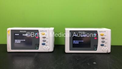 2 x Philips IntelliVue X2 Handheld Patient Monitors Software Versions G.01.80, G.01.75 Including ECG, SpO2, NBP, Temp and Press Options (Both Power Up, 1 with Damage-See Photo) *Mfd 08-2009, 11-2011* *SN DE03785844, DE83629828* *C*