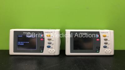 2 x Philips IntelliVue X2 Handheld Patient Monitors Software Versions H.15.51, G.01.75 Including ECG, SpO2, NBP, Temp and Press Options (Both Power Up) *Mfd 08-2009, 10-2015* *SN DE535K9007,DE83629794* *C*