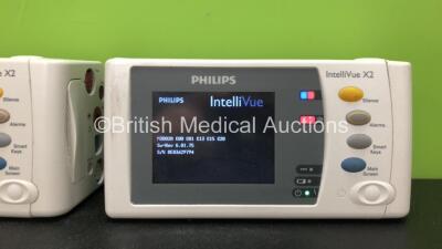 2 x Philips IntelliVue X2 Handheld Patient Monitors Software Versions H.15.51, G.01.75 Including ECG, SpO2, NBP, Temp and Press Options (Both Power Up) *Mfd 08-2009, 10-2015* *SN DE535K9007,DE83629794* *C* - 3