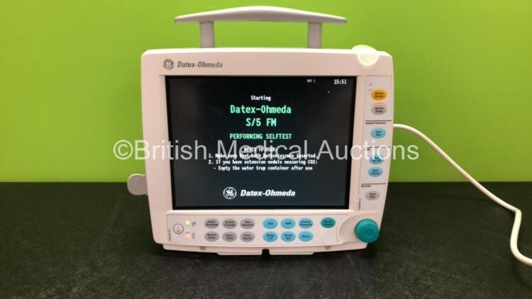 GE Datex Ohmeda Type F-FMW-00 S5 Patient Monitor with 1 x GE Typo E-PSMP-00 Module Including ECG, SpO2, T1, T2, P1, P2 and NIBP Options and 2 x SM 201-6 Batteries (Powers Up) *SN 6484498, 6492352*