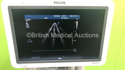 Philips iE33 Flat Screen Ultrasound Scanner on F.1 Cart *S/N 02XKLX* ** Mfd 08/2004** Software Version 6.3.6.343 with 1 x Transducer / Probe (S5-1) and Sony UP-D897 Digital Graphic Printer (Powers Up) **IR075** - 7