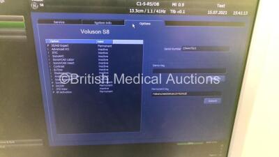 GE Voluson S8 Flat Screen Ultrasound Scanner Ref 5451540 *S/N 234447SU1* **Mfd 10/2013** Software Version 12.0.0 with 3 x Transducers / Probes (E8C-RE Ref 5318734 *Mfd 11/2013* / RAB 4-8-RS Ref H45021L *Mfd 08/2019* and C1-5-RS Ref 5384874 *Mfd 08/2013*) - 16