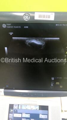 GE Logiq E9 Flat Screen Ultrasound Scanner Model 5205000-4 *S/N 105854US4* **Mfd 06/2011** Software Version R3.1.2 with 3 x Transducers / Probes (C1-5-D Ref 5261135 *Mfd 09/2016* / ML6-15-D Ref 5199103 *Mfd 06/2012* and 9L-D Ref 5194432 *Mfd 07/2014*) an - 9