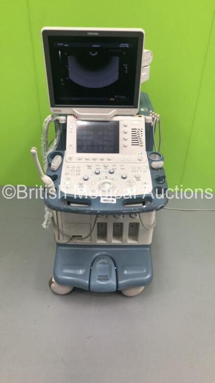 Toshiba Aplio XG SSA-790A Flat Screen Ultrasound Scanner *S/N 99K1126215* **Mfd 02/2011** with 3 x Transducers / Probes (PLT-1204AT *Mfd 05/2016* / PVT-375BT *Mfd 06/2020* and PVT-661VT *Mfd 02/2011*) (Powers Up) **IR074**