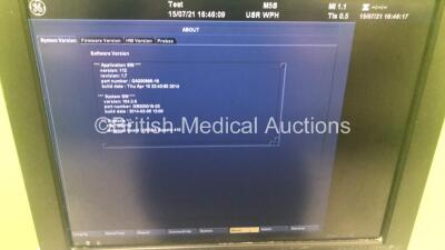 GE Vivid E9 Flat Screen Ultrasound Scanner *S/N VE95309* **Mfd 06/2013** Application Software Version 112 Revision 1.7 System Software Version 104.3.6 with 2 x Transducer / Probe (M5S-D Ref GE 3MIX *Mfd 09/2013* and TE 100024) (Powers Up) **IR073** - 10