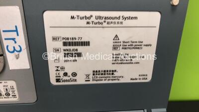 SonoSite M-Turbo Portable Ultrasound Scanner *Mfd - 09/2011* Boot Version - 51.80.110.011 ARM Version - 51.80.111.016 with 1 x C60x/5-2 MHz Transducer / Probe *Mfd - 08/2013*, M-Series Mini Dock *Mfd - 06/2011* and Power Supply (Powers Up, Requires a Log - 6