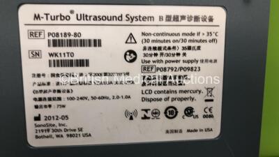 SonoSite M-Turbo Portable Ultrasound Scanner *Mfd - 05/2012* Boot Version - 51.80.108.010 ARM Version - 51.80.111.016 with 1 x C60x/5-2 MHz Transducer / Probe *Mfd - 11/2014*, M-Series Mini Dock *Mfd - 02/2014* and Power Supply (Powers Up, Requires a Log - 6