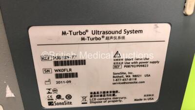 SonoSite M-Turbo Portable Ultrasound Scanner *Mfd - 09/2011* with 1 x C60x/5-2 MHz Transducer / Probe *Mfd - 03/2014*, M-Series Mini Dock *Mfd - WK0K59* and Power Supply (No Power, All SD Cards Removed) *WK0FLR* **IR067** - 5