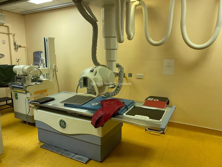 GE Proteus Analogue X-Ray Bucky Room *Mfd - 2003* Including Proteus Elevating Patient Table, Wall Stand, OTC + Tube/Housing, Ceiling Rails (5m in length), Console, Proteus System Cabinet, The System is Complete and was Professionally De-Installed from a W
